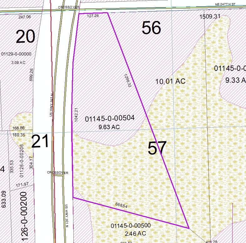 County map of the tract outline along US 301 with the soil layer shown