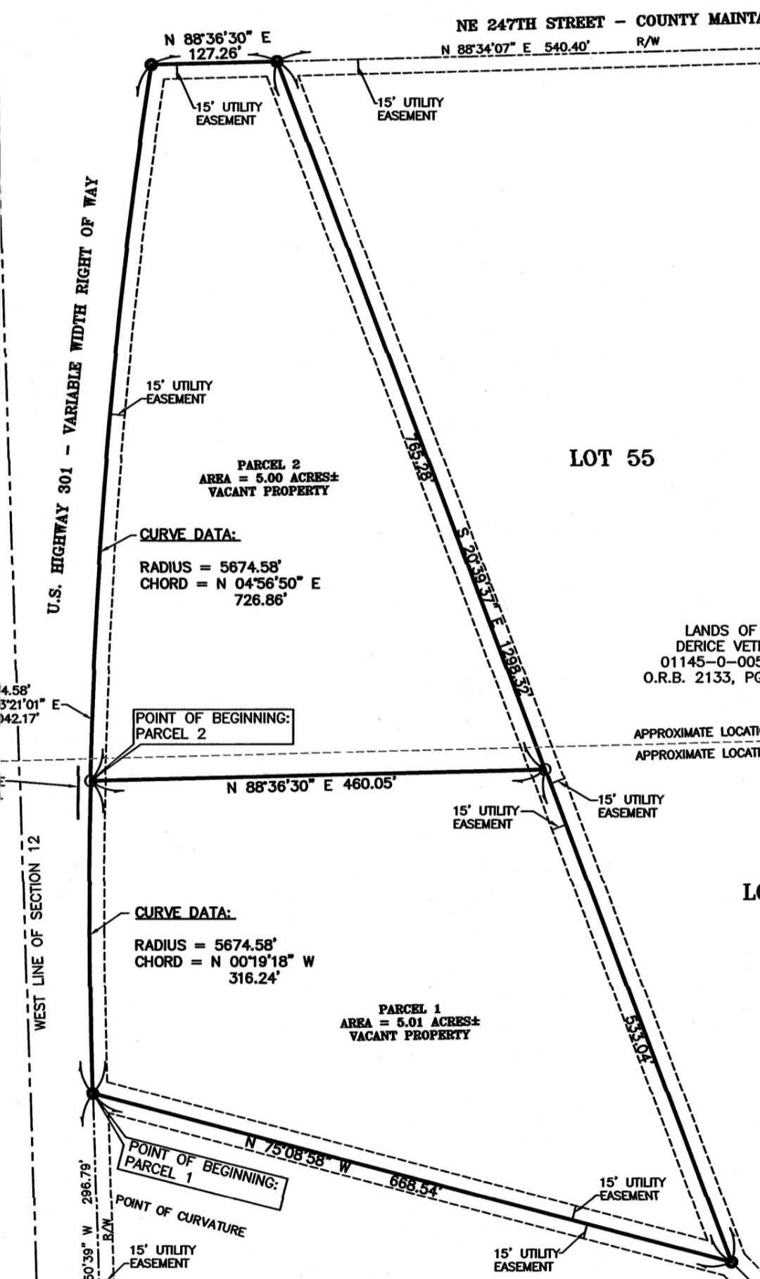 Survey drawing showing the tract split into a 5.00-acre north half and 5.01-acre south half